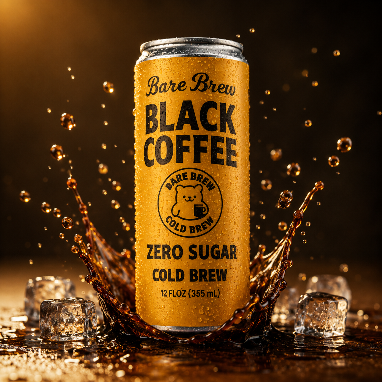 Bare Brew Black Coffee zero sugar cold brew can with coffee splash