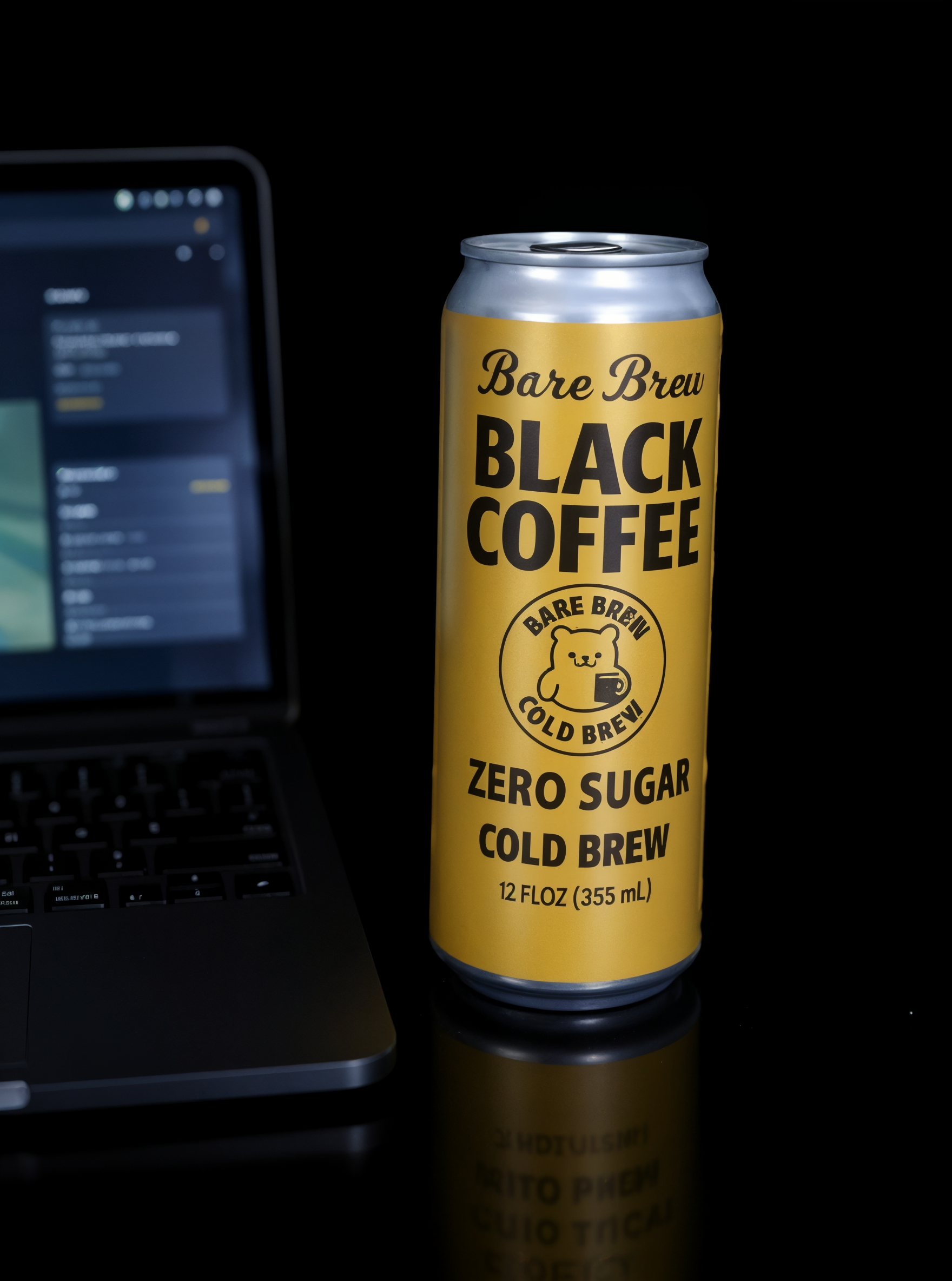 Bare Brew Cold Brew Coffee can next to laptop, work lifestyle
