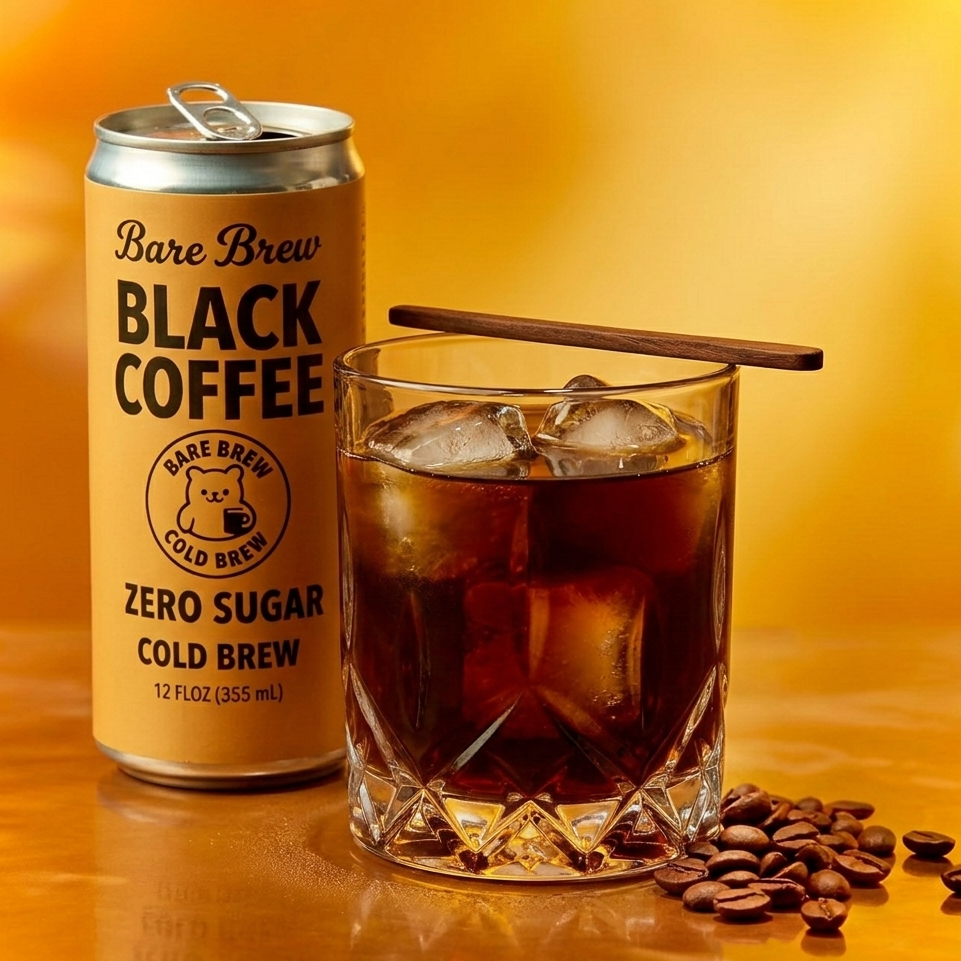 Bare Brew can and crystal glass with coffee beans bare brew best canned cold brew
