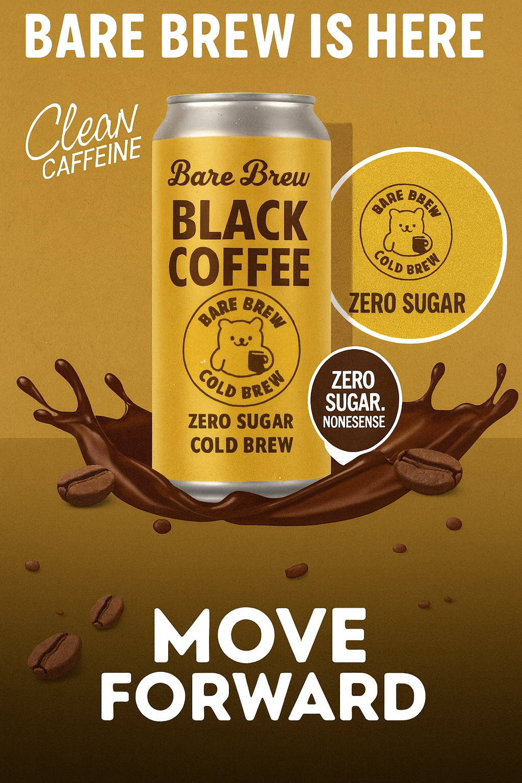 Can of Bare Brew Black Coffee with branding and text on a brown background