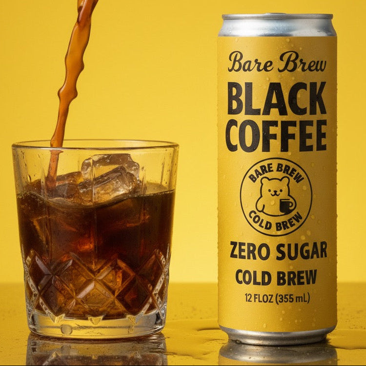 Bare Brew Black Coffee can being poured into a glass with a yellow background and text 'Zero Sugar, Pure Energy'.