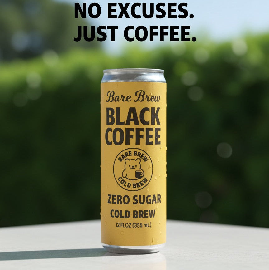 Can of Bare Brew Black Coffee on a table with a blurred green background